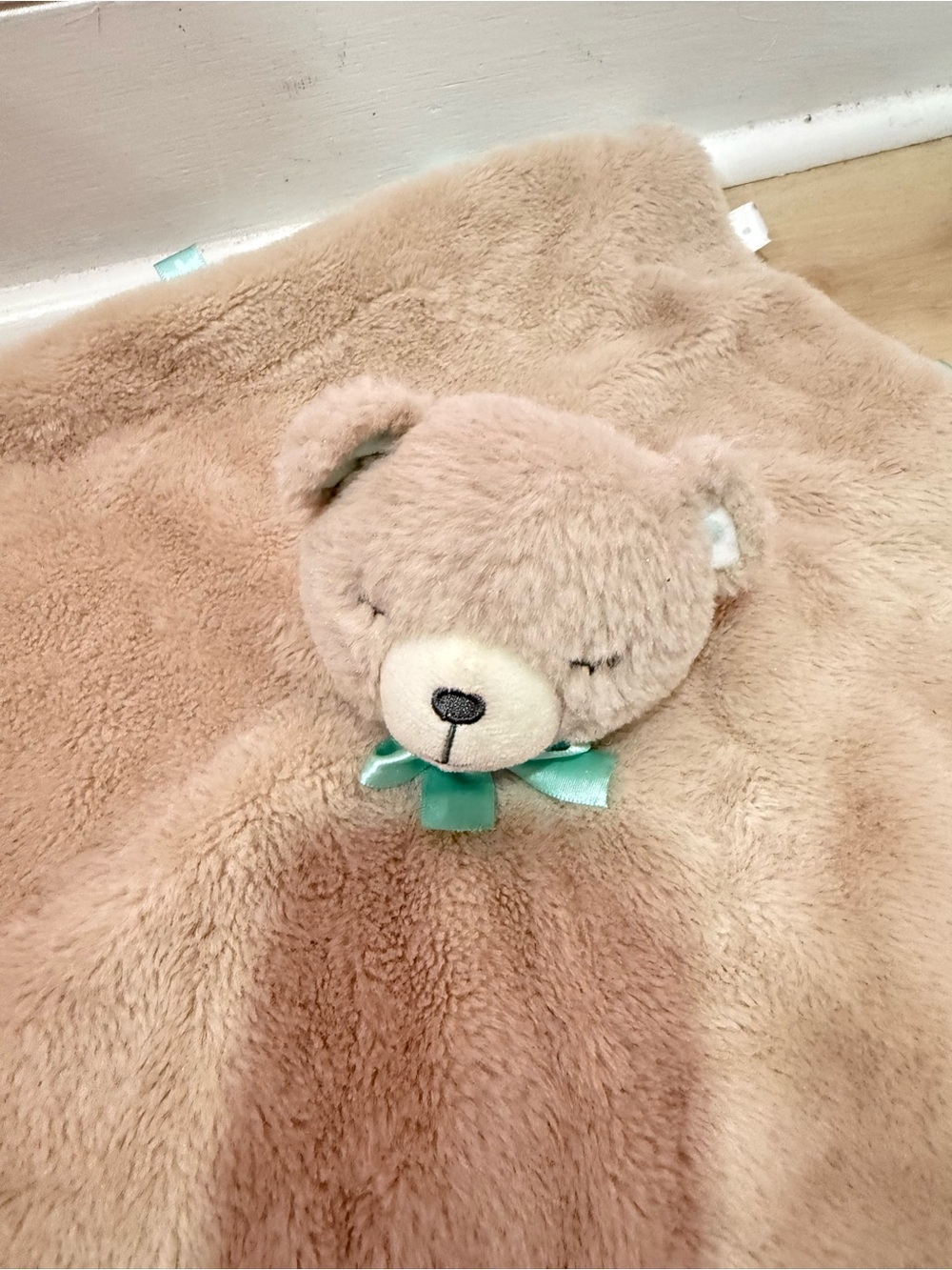 Cozy Tan Bear Lovey with Mint Ribbon - Plush Security Blanket